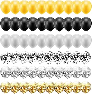 60PCS 12 Inches Latex Balloons Confetti Balloons Set - Gold & Sliver & Black Balloons Helium Balloons for Graduation Birthday Retirement New Year's Eve Party Decorations Supplies