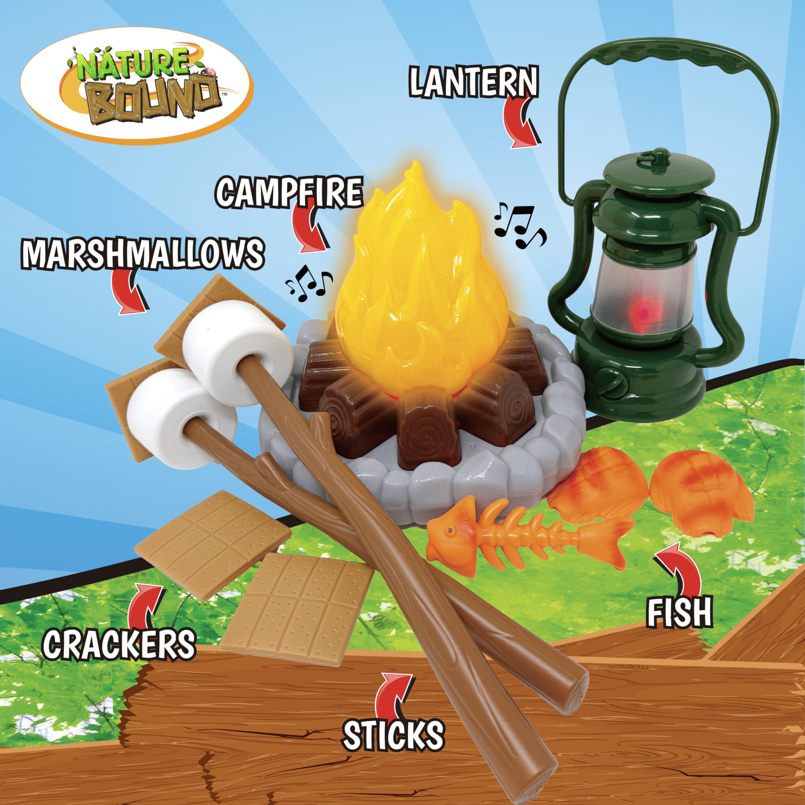 Nature Bound Kids Camping Playset - Light-Up Campfire Toy Set for Indoor and Outdoor Adventures - Pretend S’Mores, Lantern, and Camping Accessories