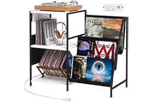 Clikuutory Record Player Stand, Vinyl Record Storage with Power Outlet Holds Up to 200 Albums, Turntable Stand with 3-Tier Vinyl Storage, Record Player Table for Bedroom, Living Room, White