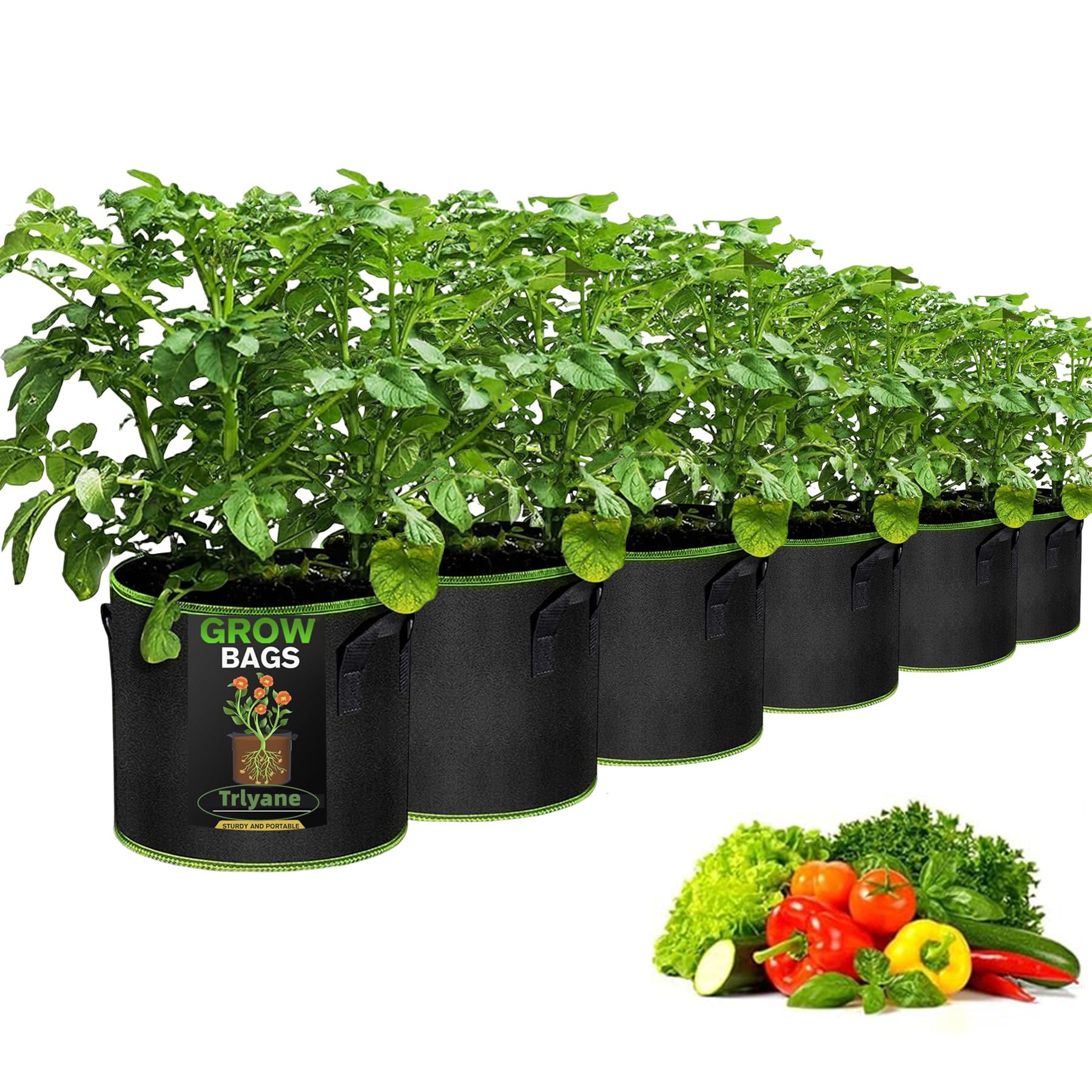 Trlyane 6Pcs Grow Bags, 5 Gallon Vegetable Planter Bags Containers | Breathable Nonwoven Fabric Pots with Handles | Cloth Planters for Garden Vegetables Flowers, Black