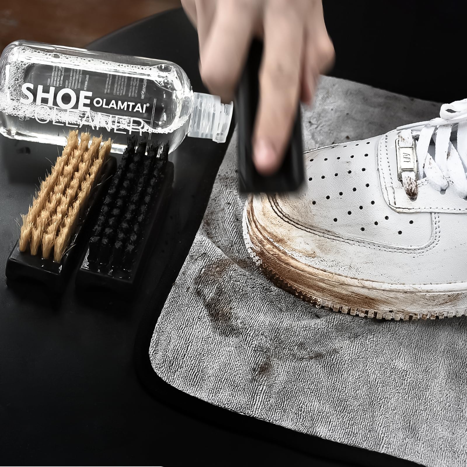 klimakus OLAMTAI Shoe Cleaner Kit for Sneaker, Cleaning Kit, Sneaker 10Oz with 3 Brush & Microfiber Towel Included, Shoe, Suede, Boot, Canvas, PU, Fabric, etc,Clear,(Madala-SC-210201)