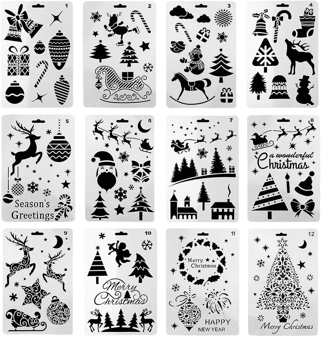 PuroKraft 12 pcs Plastic Greeting Stencils with Multicolor pens, Vacation Stencils, Painting Templates, Anti-Stress, DIY Drawing Stencils Reusable Stencils Craft 7x10 inches