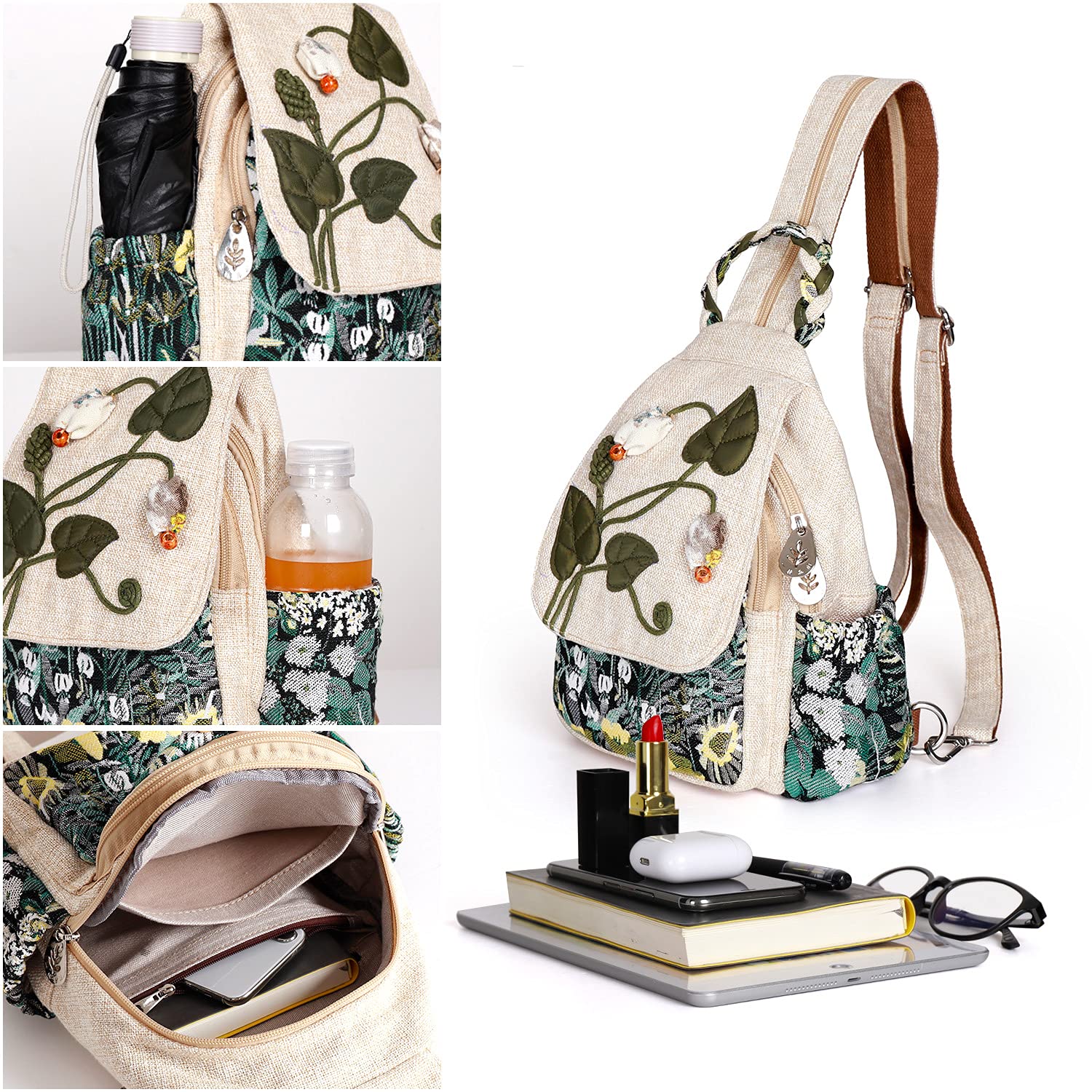 AULUDA Girl's Convertible Sling Bag, Hand Craft Artisan Purse, Beautiful Canvas Premium Casual Day Mini Backpack for Women (Green Marsh)