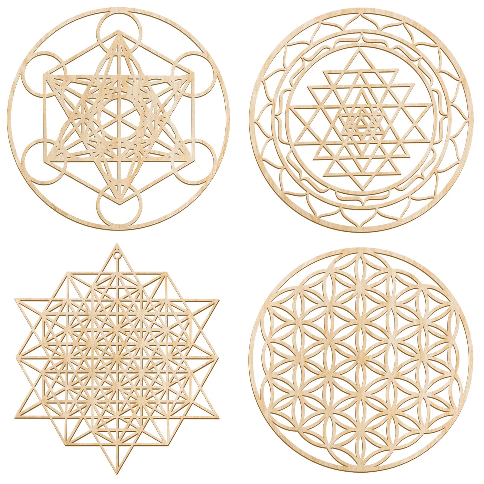 Photo 1 of Leinuosen 4 Pcs 12 Inch Crystal Grid Board Sacred Geometric Wall Art Set Metatron Cube, Flower of Life, Sri Yantra, 64 Star Tetrahedron Pagan Decor Home Wall Decor for Room Hanging(Classic Style)