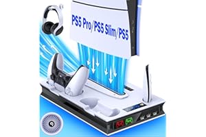 EXTREMECOOL PS5 Pro/Slim/Ps5 Stand and Cooling Station with Controller Charging Station for Playsation 5 Disc Digital Consoles, PS5 Accessories Incl. 3 Levels Cooling Fan, 3 USB Hub, Headset Holder, Media Slot