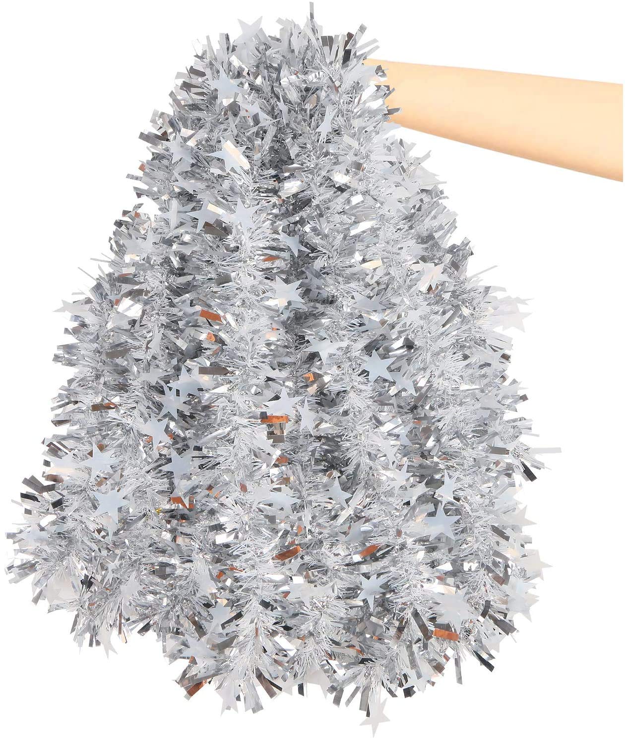 LOKIPA 10M Silver Christmas Chunky Tinsel Garland with Star for Christmas Tree Decorations