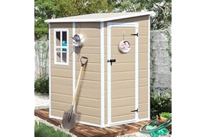 CDCASA 5x4 FT Storage Shed, Waterproof Resin Outdoor Storage Shed with Floor & Window & Lockable Door, Tool Shed for Garden Patio, Backyard,Lawn, All Weather Use, Light Brown