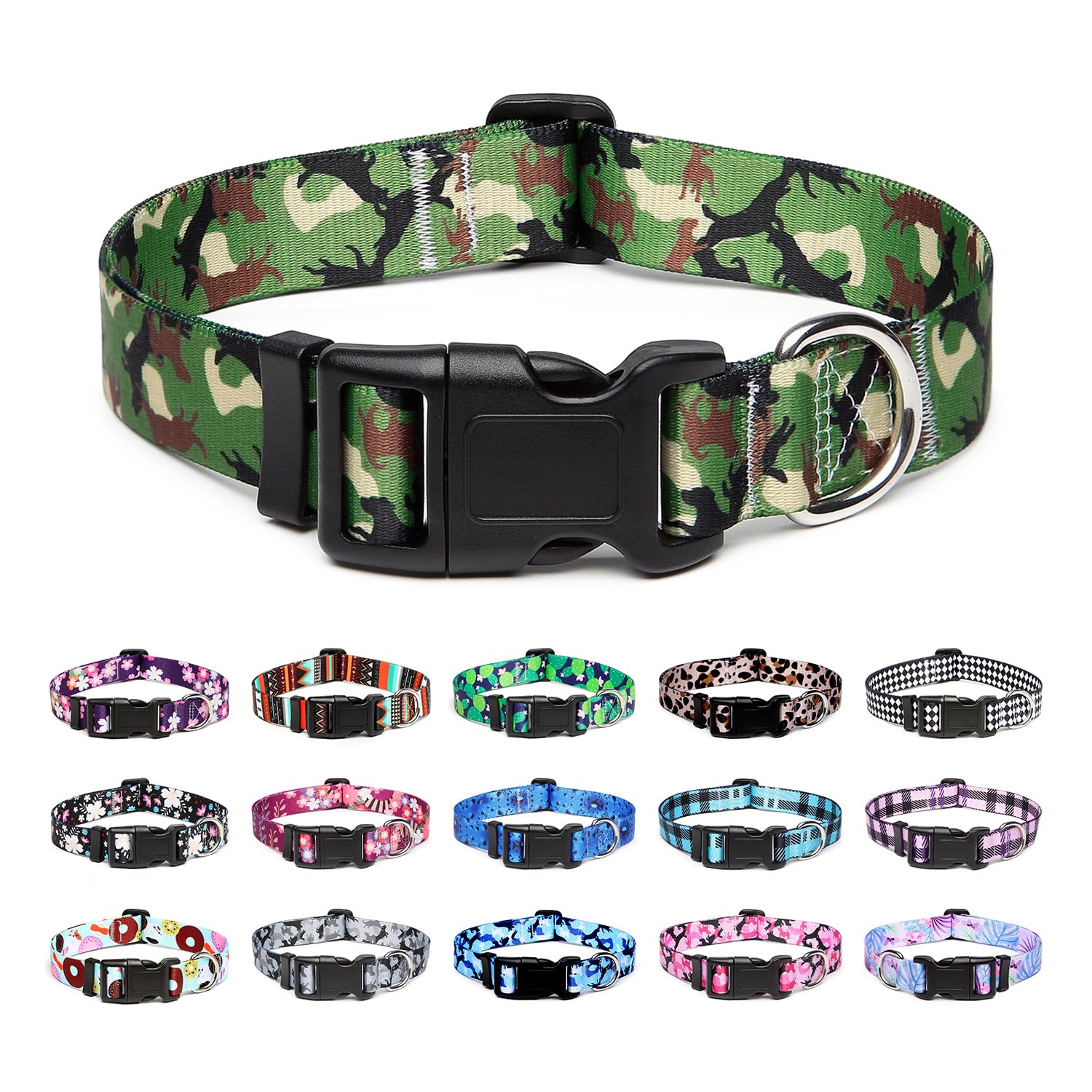 Mercano Adjustable Dog Collar - Special Design Patterns, Soft Nylon Comfortable Durable Pet Collar for Small Medium Large Dogs (L, Dog Camouflage Green)