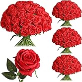 Nubry 50pcs Artificial Silk Roses Bulk,Fake Roses Flower with Stems Realistic Flowers for Wedding Centerpiece Home Party Decor(Red)