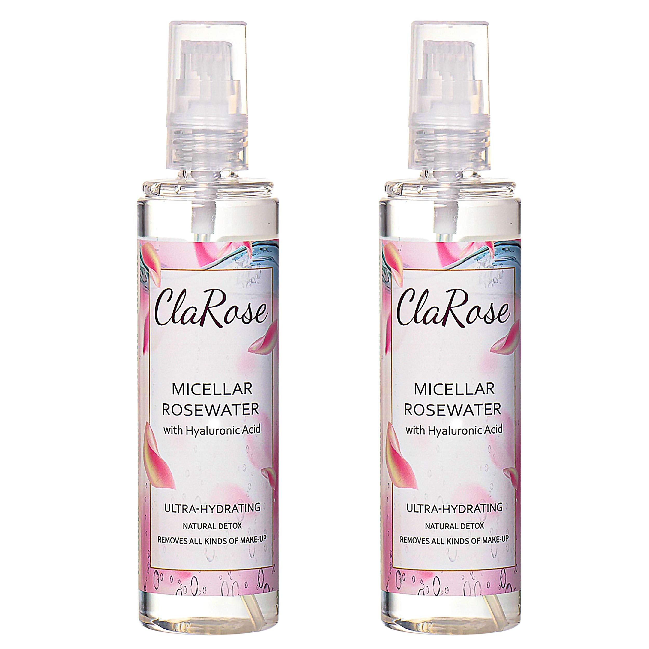 ClaRose Micellar Water with Hyaluronic Acid and 100% Natural Vegan Rosewater, 300 ml, (Pack of 2)