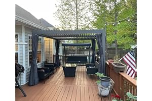 DOMI OUTDOOR LIVING Domi Louvered Pergola 12' × 16', Outdoor Aluminium Pergola with Adjustable Roof, Curtains and Netting, Hardtop Gazebo for Patio, Deck, Garden, Yard, Beach(Gray)