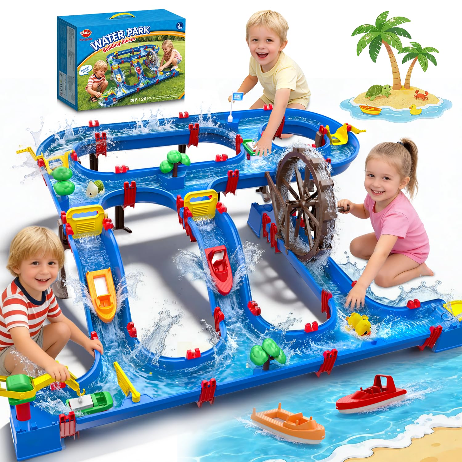 VATOS Double-Tier Watermill Summer Toy, 120 PCS DIY Water Table Toys for Kids, Girls, Boys 4-6 Years, Outdoor Water Toys Backyard, Beach, Balcony, Garden Fun Water Playset for Kids Pets