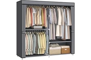 MOGELAFOO 62.5" Closet Wardrobe, Portable Closet for Bedroom, Freestanding Clothes Rack with Non-Woven Fabric Cover, 3 Hanging Rods, 4 Storage Shelves, Clothes Storage Organizer, Grey
