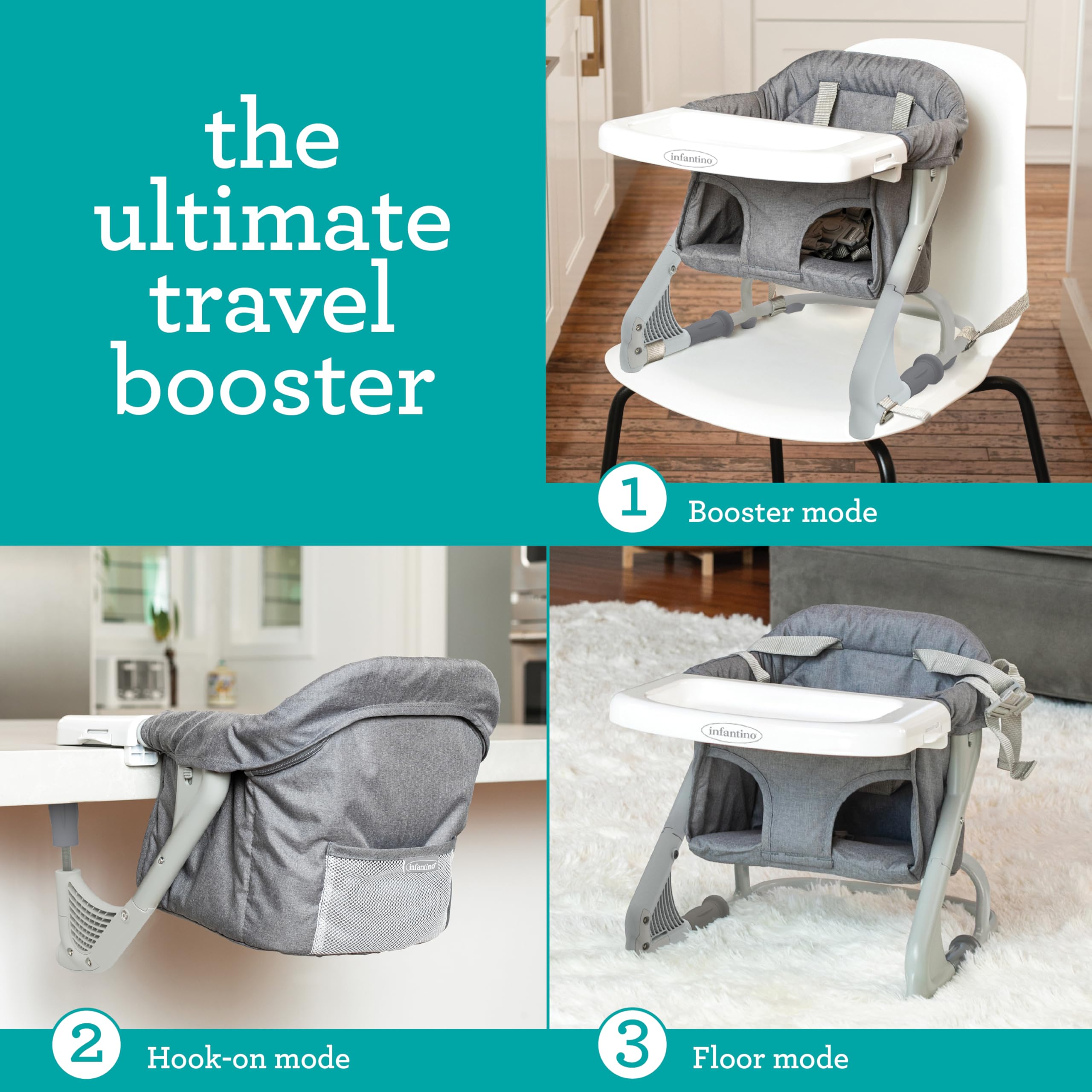 Infantino The Ultimate Travel Booster, Versatile and Travel-Friendly Booster, High Chair and Seat for On-The-Go Families, Gray