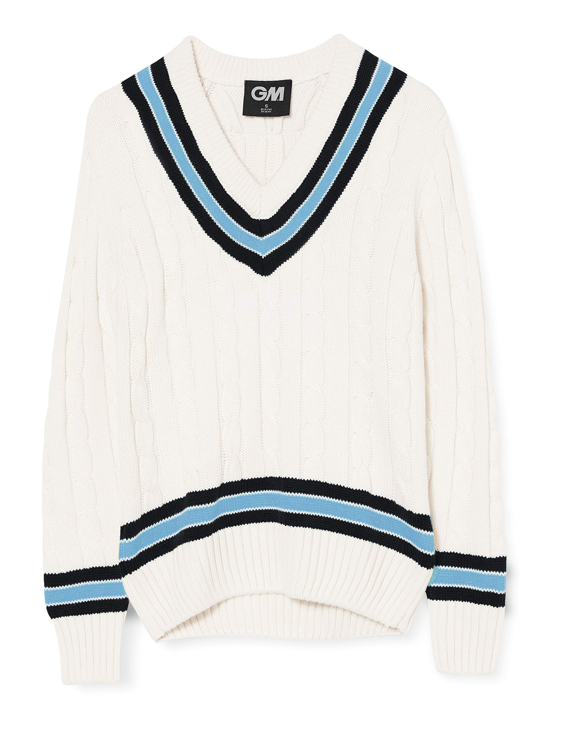 Gunn & Moore GM | Cricket Sweater Jumper Pullover | Classic Heavy Cable Knit | Long Sleeve | Cream with Navy Blue & Sky Blue Trimmed Collar | Large Junior to fit Chest 33"