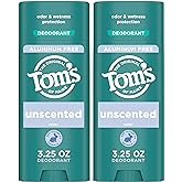 Tom’s of Maine Unscented Aluminum Free Natural Deodorant For Women & Men | Goes on Clear | Odor & Wetness Protection | Naturally Derived and Moisture-Locking Ingredients | 3.25 oz (2 Pack)