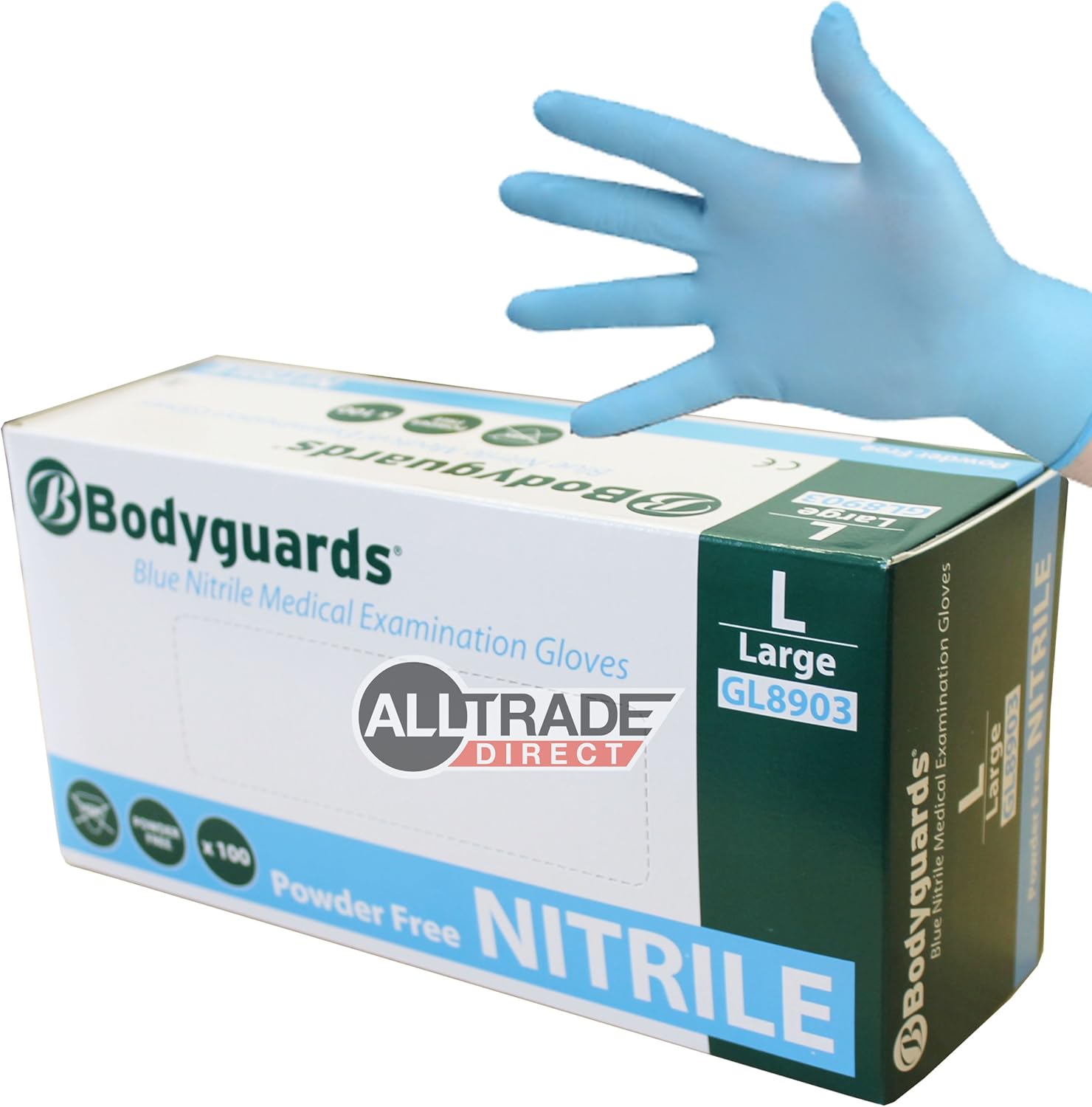100 x BODYGUARDS BLUE NITRILE LARGE POWDER FREE DISPOSABLE MEDICAL