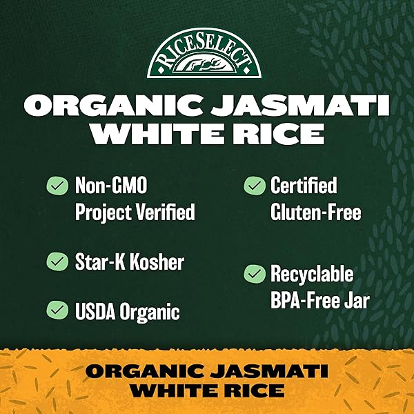 RICESELECT ORGANIC JASMATI WHITE RICE FOR ASIAN-FOOD-INSPIRED RECIPES, PREMIUM NON-GMO GLUTEN-FREE LONG-GRAIN JASMINE RICE, 32-OUNCE JAR