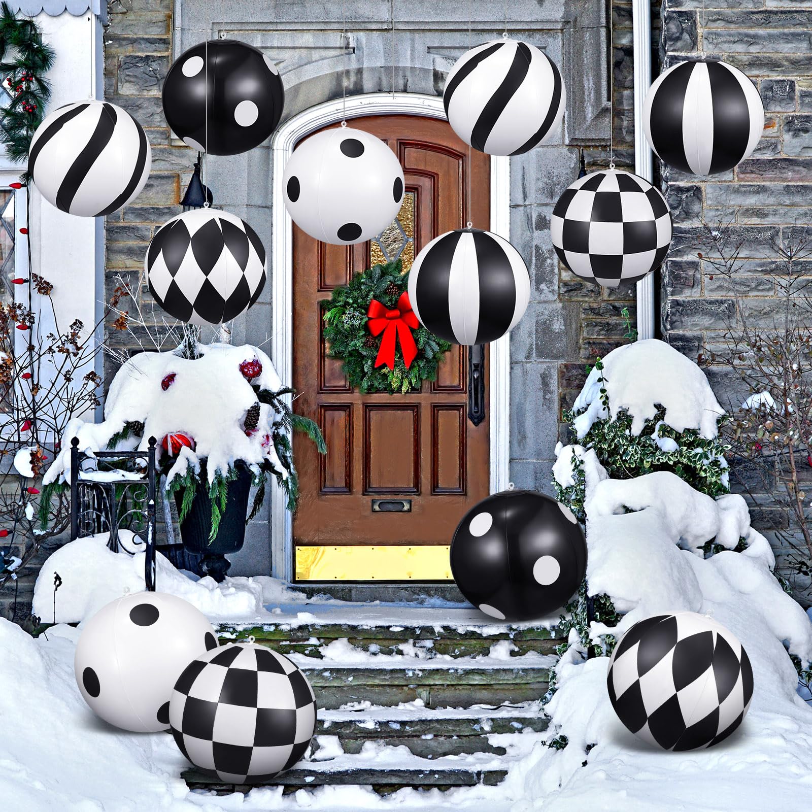 Photo 1 of Jetec 12 Pcs Christmas Inflatable Balls Ornaments 24/18/9 Inch Large Black and White Hanging Xmas PVC Inflatable Ornaments for Front Door Yard Tree Outdoor Christmas Decorations (16 Inch)