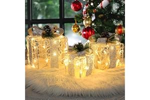 TRWYMZ Christmas Decorations,Set of 3 Christmas Light up Present Boxes Ornament,Outdoor Present Gift Boxes for Weddings Holiday Indoor Xmas Tree Decor (Hollow Out Warm White)