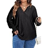 Eytino Plus Size Tops for Women Split V Neck Puff Long Sleeve Casual Loose Blouse Shirts