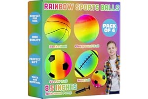 PlayBolt Sports Ball Set (4 Pack) - Rainbow Mini Basketball, Soccer, Football & Playground Balls w/Hand Pump - Fun Indoor Outdoor Toys for Toddlers, Little Kids, Preschoolers & Early Play