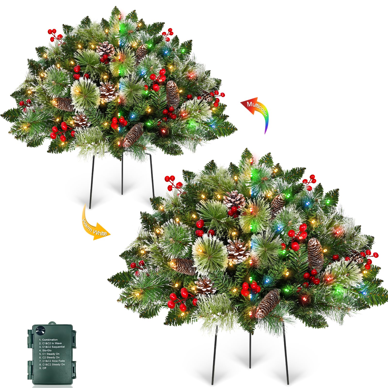 Photo 1 of 2 Pack 24" Lighted Christmas Tree Outdoor Urn Filler with Timer 8 Modes Warm White & Multi-Color Change Lights Snowy Pinecone Berries Tripod Stake Xmas Trees Planter Filler Christmas Decor Yard Porch