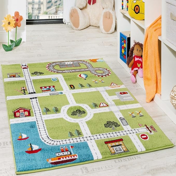 Paco Home Kinderteppich Spielteppich City Hafen Straßenteppich Stadt Straße Grau Grün, Grösse:120x170 cm