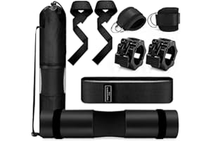 TRACE KASA Gym Set Equipment with Foam Barbell Pad for Squats Bench Press - Hip Thrusts Pad Ankle Strap for Cable Machine Hip Resistance Band Weight Lifting Strap Barbell Clips and Carry Bag Gym Accessories