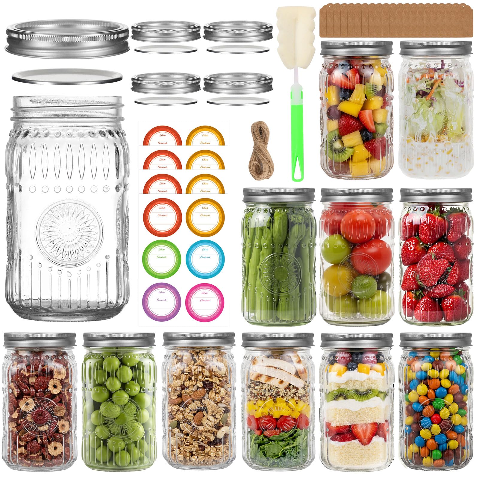 Photo 1 of 32 oz Wide Mouth Mason Jars with Airtight Lids and Bands, 12-Pack with Extra 4 Lids, Tags & Twine, Quart Glass Canning Jars for Overnight Oats, Pickling, Food Storage, DIY Crafts, Wedding Favors