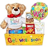 GET WELL GIFT BASKET, care package, w/Teddy Bear & Balloon, Candy & Snacks, greeting card for a sick kid. Recovery gift for a child boy or girl, Feel better soon for home or hospital