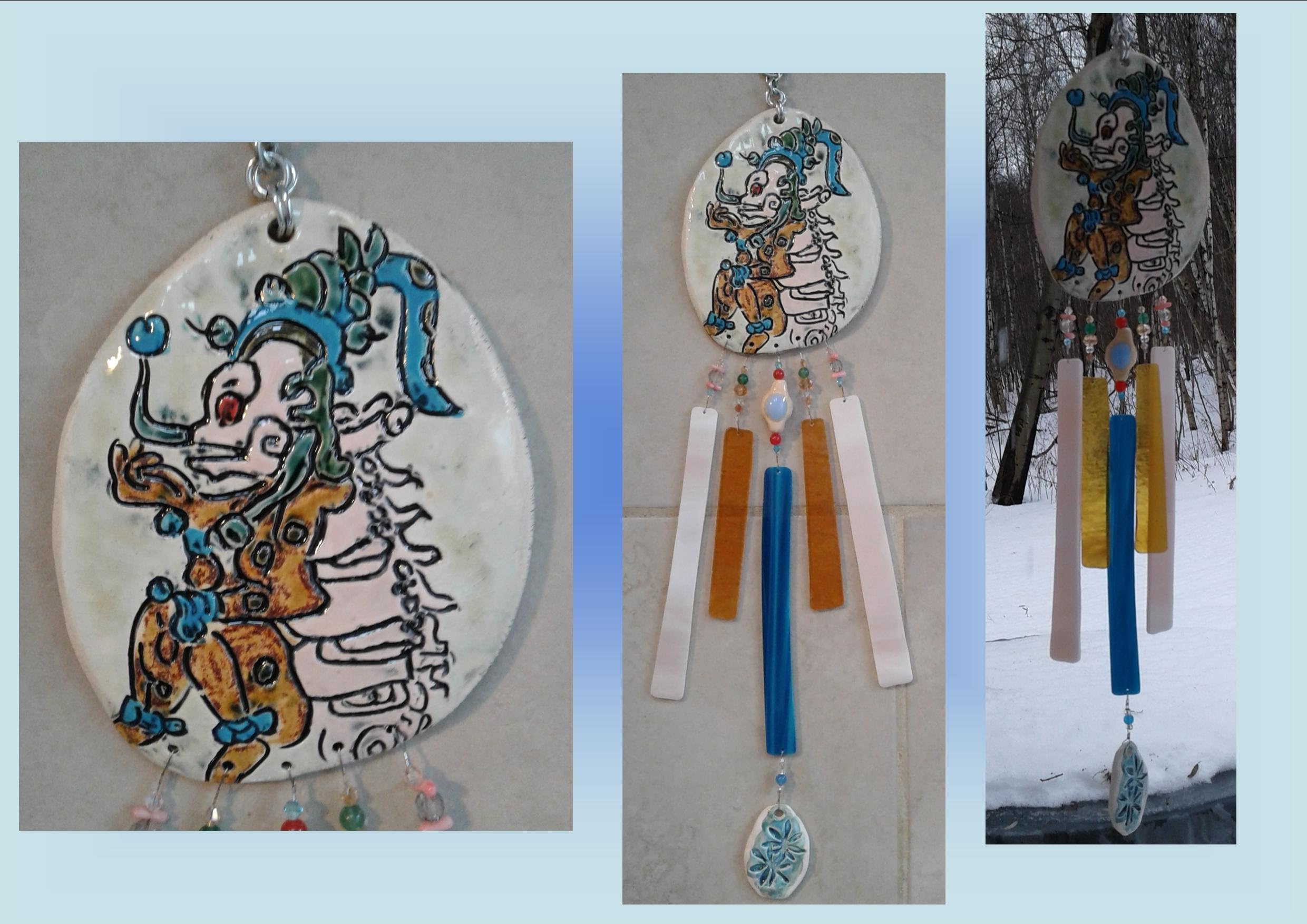 Mayan Glass Wind Chime Cizin Skull God Ceramic Clay Mobile Mesoamerican Pottery Xilbalba Petroglyph