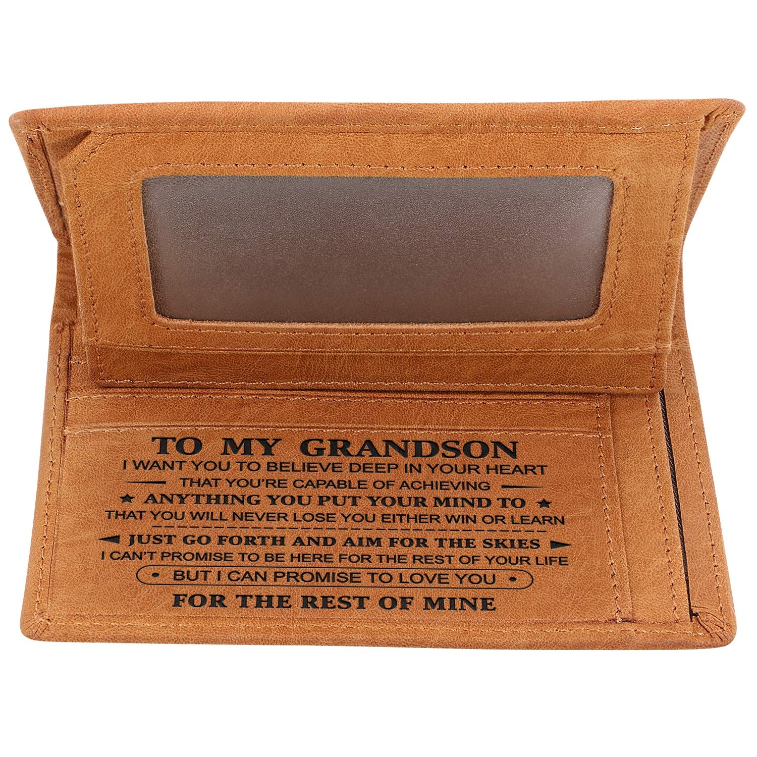 Kenon Custom Wallets for Men RFID Blocking Stylish Mens Wallet with Clear ID Window Personalised Slim Credit Card Holder Brown for Husband,Son,Dad (to My Grandson)