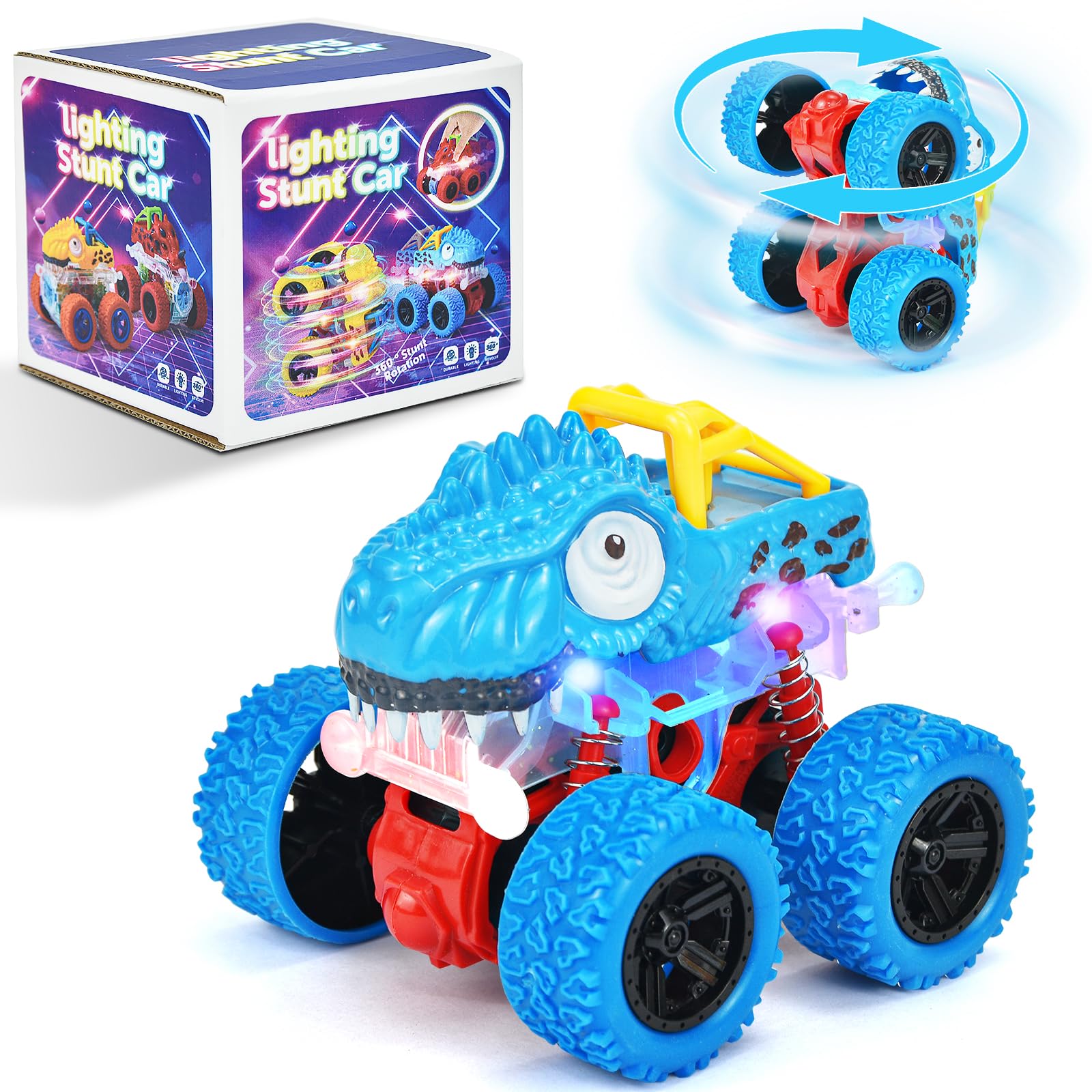 TQBYNJ Light-Up Monster Truck Toys – Push-&-Go Dinosaur Cars with Glowing – Birthday Easter Gift for Toddlers, Boys & Girls Ages 2-6 – Durable Friction-Powered Trucks(Blue)