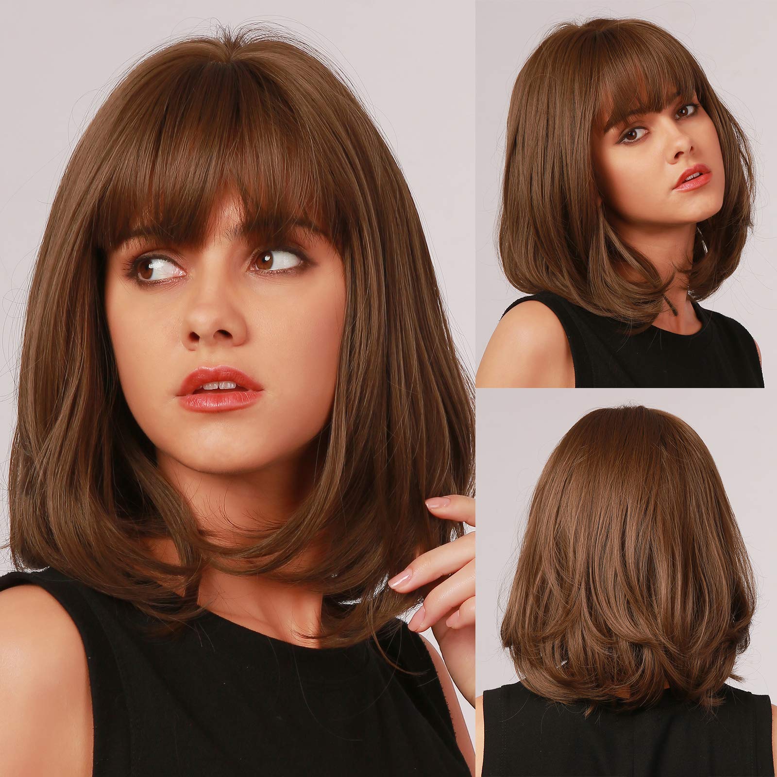 Photo 1 of EMMOR Brown Bob Wig for Women Natural Hair Synthetic Wigs With Bang High Heat Resistant Wig