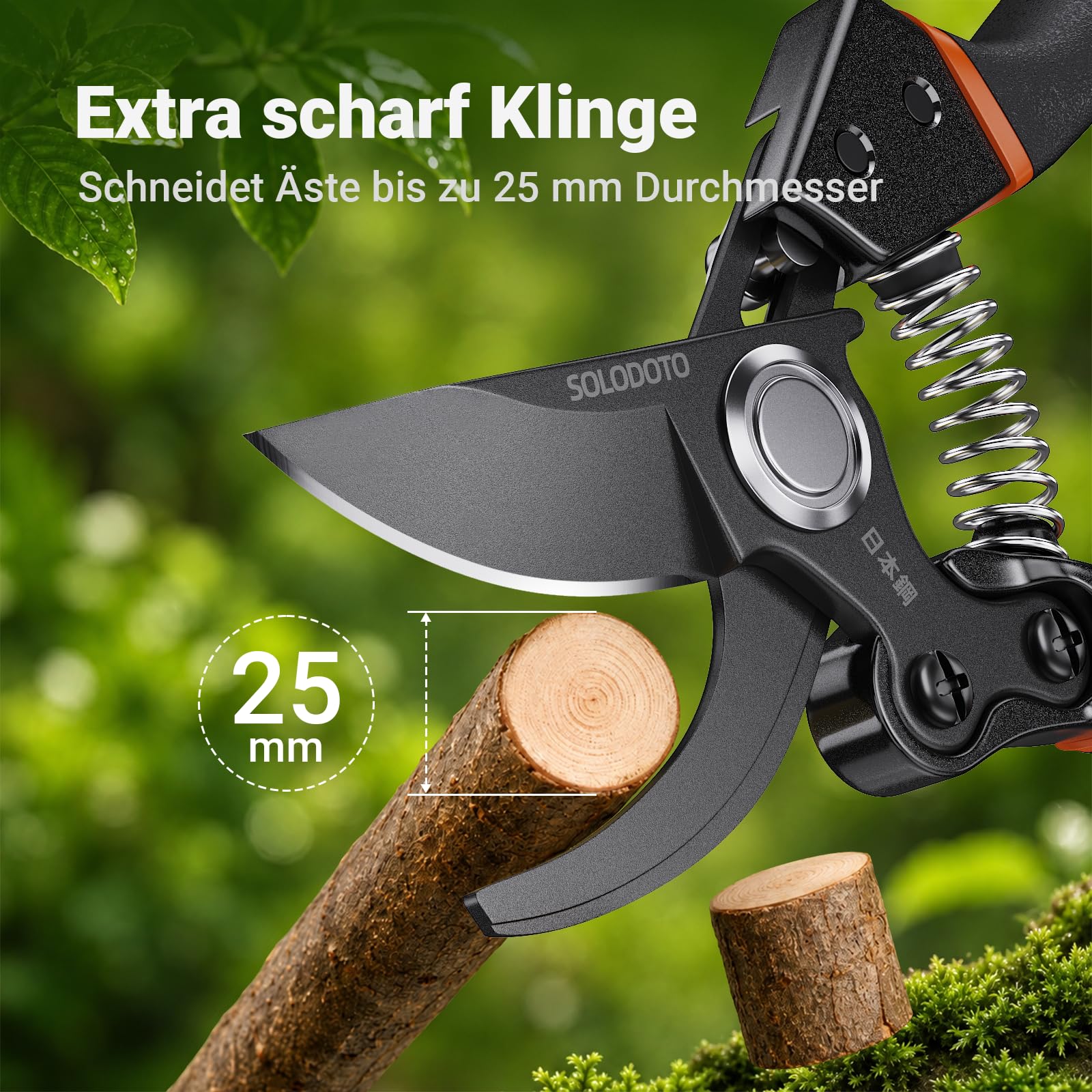 SOLODOTO Profi Gartenschere– schärfer, Japanischer SK5-Kohlenstoffstahl, Bypass-Schneide, 25 mm Schnittdurchmesser, für trockenes, frisches Holz, Profi Rosenschere, Pflanzenschere astschere 2