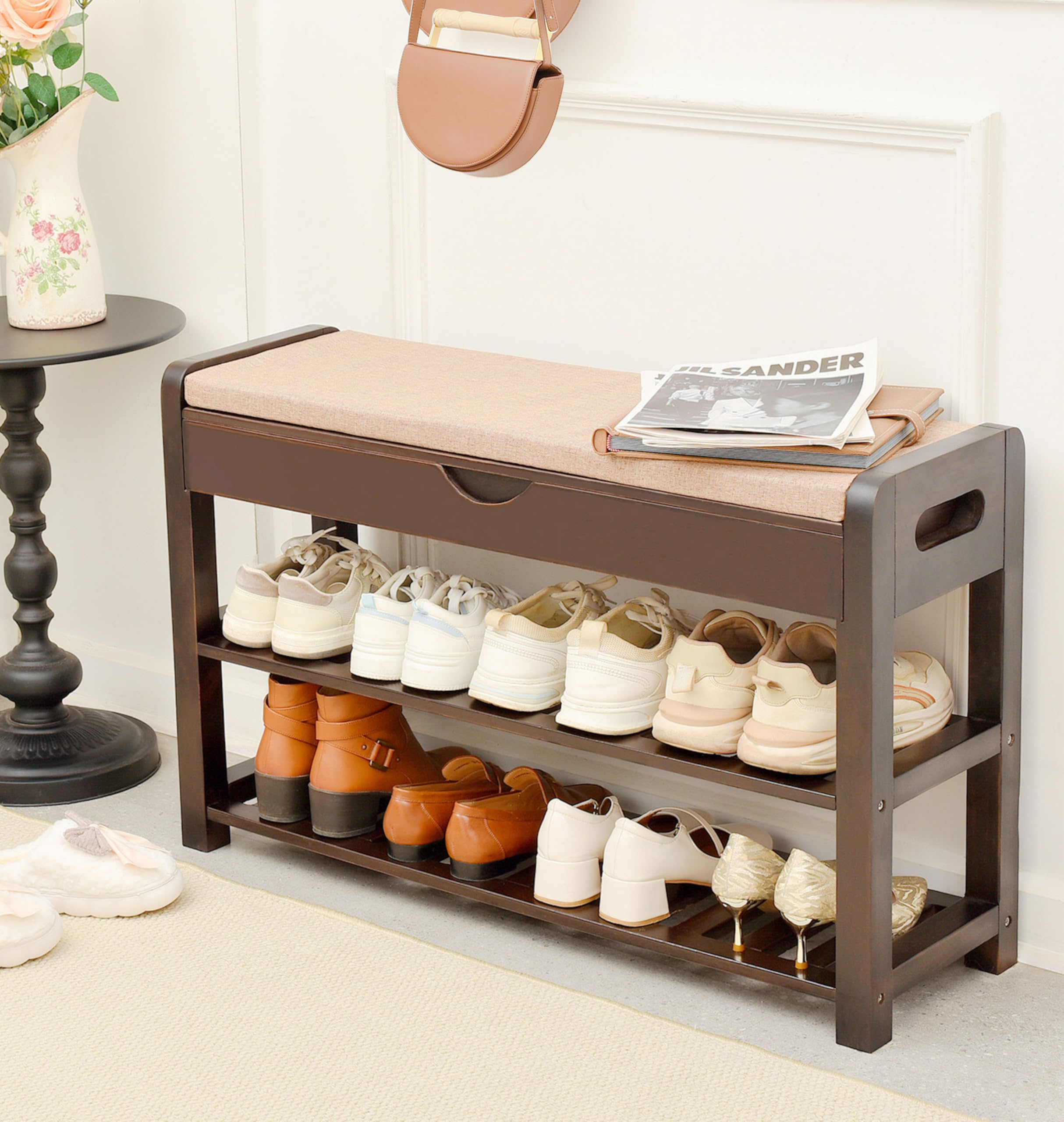 Photo 1 of 100% Solid Pine Wood Shoe Bench, Double Layer Entrance Bench,Shoe Rack with Drawers and Soft Cushions,Shoe Storage Cabinet,Dark Walnut Color.