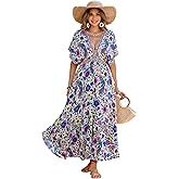 R.Vivimos Women Summer Print Deep V Neck Cotton Beach Long Dresses