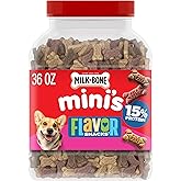 Milk-Bone Flavor Snacks Mini&rsquo;s Dog Treats, 36 Oz. | 5 calories per treat, 15% protein, 3 flavors per canister (beef, chicken &amp; bacon, naturally &amp; artificially flavored)
