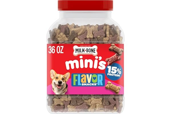 Milk-Bone Flavor Snacks Mini’s Dog Biscuits, Flavored Crunchy Dog Treats, 36 Oz. Canister | 5 calories per treat, 15% protein, 3 flavors per canister (beef, chicken & bacon, naturally & artificially flavored)