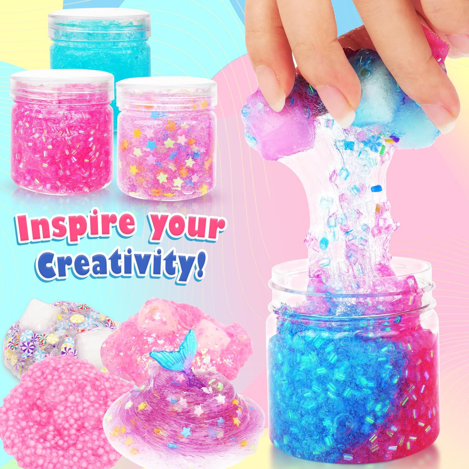 KLT Clear Slime Kit Toys for Girls: 20 FL OZ Slime Making Kits,6 Pack Premade Crystal Slime with Add-ins: Jelly Cubes,Foam Beads,Luminous Beads,Fruit Slices,Glimmer Tubes,Birthday Gifts for Kids