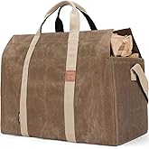 INNO STAGE Free-Standing Firewood Log Carrier Bag - 22 oz Thickened Waxed Canvas Fire Wood Holder Tote with Adjustable Shoulder Strap and Soft Handles for Camping or BBQ Barbecue Dark Khaki