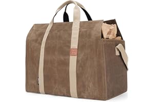 INNO STAGE Free-Standing Firewood Log Carrier Bag - 22 oz Thickened Waxed Canvas Fire Wood Holder Tote with Adjustable Shoulder Strap and Soft Handles for Camping or BBQ Barbecue Dark Khaki