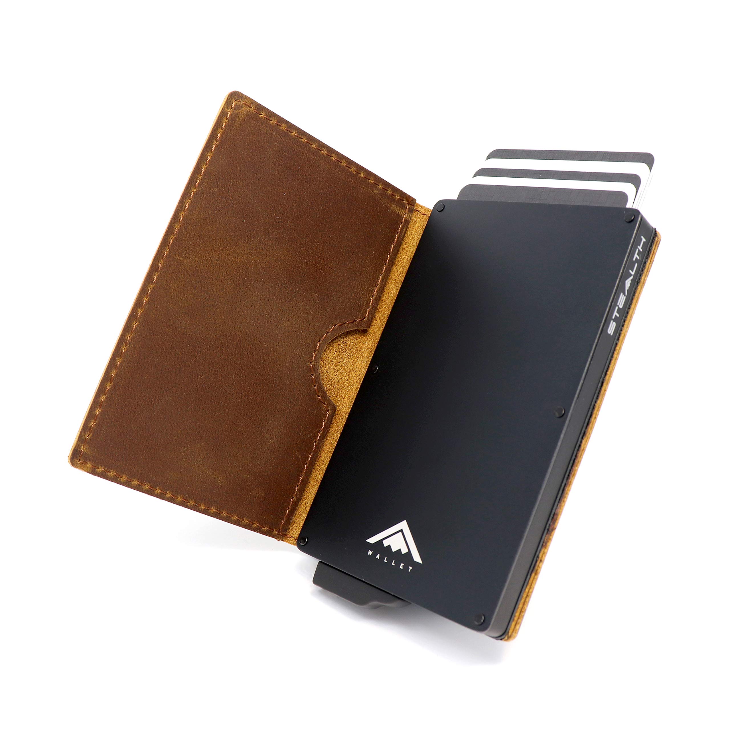 Stealth Wallet RFID Card Holder Wallet - Smart Minimalist Pop Up Wallets with Gift Box - Slim Lightweight Metal Credit Card Holders for Men (Black Aluminium, Brown Crazy Horse Leather)