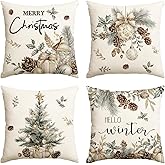 AVOIN colorlife Merry Christmas Trees Pine Needle Pinecone Throw Pillow Covers, 18 x 18 Inch Xmas Balls Hello Winter Holiday Cushion Case Decoration for Sofa Couch Set of 4