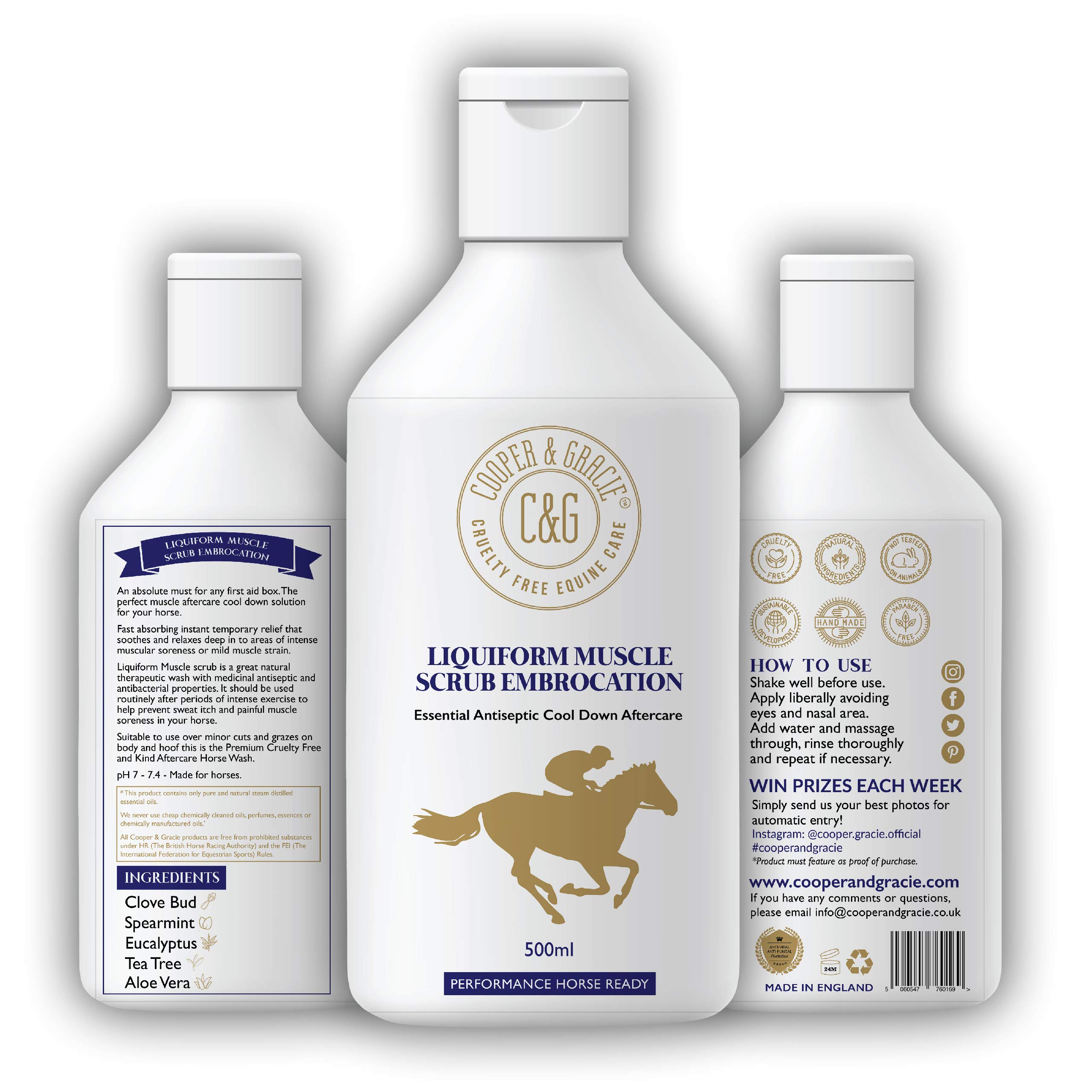 C&G Pets Horse Liquiform Muscle Scrub Embrocation 500ml – Natural Therapeutic Wash with Antiseptic & Antibacterial Properties by Cooper and Gracie | Fast-Absorbing Relief, Prevents Sweat Itch