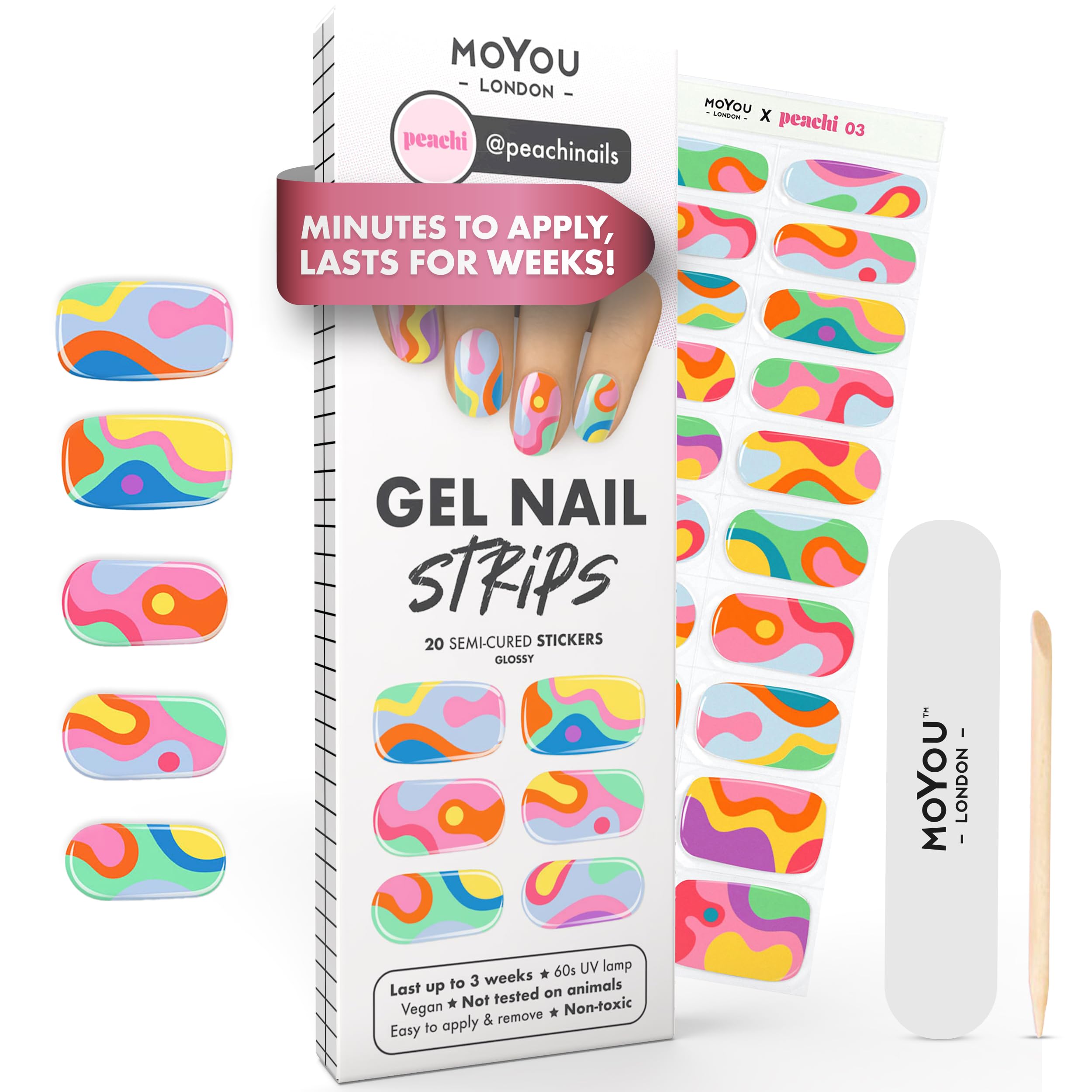 MOYOU LONDON Semi Cured Gel Nail Strips - 20 Pcs. Waterproof Gel Nail Wraps, Cures in Sunlight or UV/LED Lamp, Lasts Up to 2+ Weeks, Stretchable, Easy to Apply & Remove, Vegan & Cruelty-Free