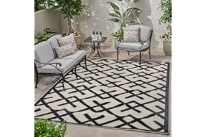 GEUOYEE Reversible Mats - Plastic Straw Rug, Outdoor Rug, Modern Area Rugs, Large Floor Mat for Outdoors, RV, Garden, Patio, Backyard, Deck, Picnic, Beach, Camping, Black & Beige, 5' x 8'