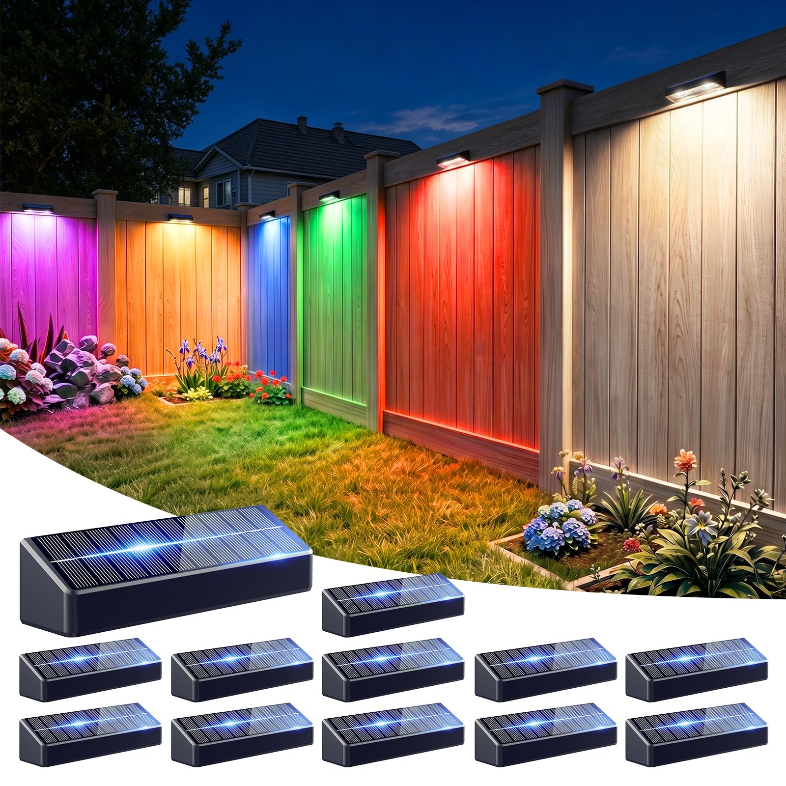 jofios fence lights solar powered, 9 fixed colors ? color changing solar lights for fence waterproof