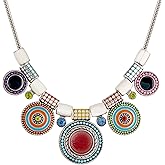 MINACHI Vintage Bohemia Ethnic Colorful Silver-toned Charm Pendant Choker Necklace, Long Silver-toned Chain Necklace for Women